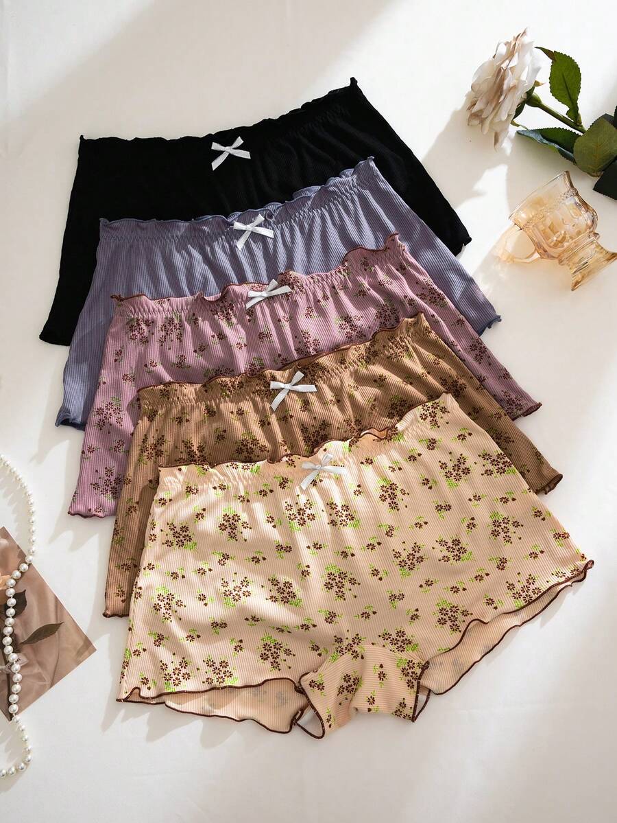 5pcs/Set Comfortable Ribbed Cotton Floral Print Ruffle Trim Boyshort Panties - Multicolor - View 1
