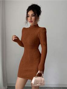 Elenzga فستان كنزة صوفية نسائي ذو رقبة عالية، أنيق وضيق الجسم، بنسيج مضلع وخصر مضلع