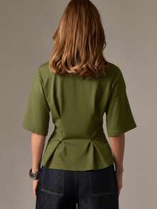 AiiRZ Olive Peplum T-Shirt With Cinched Waist And Three Quarter Sleeves For Casual Office Wear - Army Green - View 2