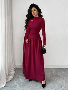 Rafferiza Damen gestricktes, eng anliegendes Kleid mit elastischem Bund und A-Linie in Weinrot und Lila, Chiffon-Schleifendesign, Metalldesign, Herbst- und Winterbekleidung, Outdoor Outfit, modisch und elegant, geeignet für den täglichen Gebrauch, Hochzeiten, Bankette, tägliche Fahrten, Abschlussfeiern, Festivalveranstaltungen, Urlaub - Bordeaux - Übersicht 7