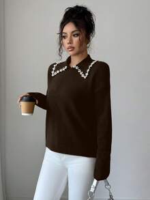 SHEIN Elenzya Aniusta 女士秋冬休闲上衣，适合度假、独立日、劳动节、哥伦布日、感恩节、情人节、复古风、斯德哥尔摩风、图卢姆风、韩版风、优雅百搭、学生装、教师装、哥特风、办公室装、商务休闲装、返校季等场合，黑色针织衫，领口饰有装饰。 - 咖啡棕 - 查看 3