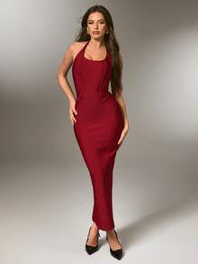Nuvra 女士酒红色紧身绷带无袖吊带中长连衣裙 - 酒紅色 - 查看 4