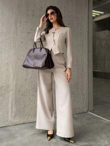 Firerie 秋季新款女士卡其色亚麻纹理不对称金属扣长袖外套和高腰显瘦阔腿裤套装，杏色，优雅办公两件套 - 杏色 - 查看 12