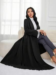 Al Najma Elegant Lapel Contrast Cuff Metal Button Cardigan Abayas - Black - View 2