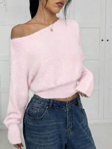 SHEIN EZwear 2025新款女士休闲柔软可爱浅粉色毛衣，纯色不对称领长袖套头衫，适合秋冬季、万圣节、圣诞节等场合穿着。 - 淺粉色 - 查看 7