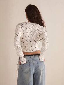 Easelle Women's Casual Polka Dot Print Tie-Waist Crop Top, Slim Fit, Retro Casual Style, 2025 Holiday Fashion, Suitable For Everyday Wear, Waist-Cinching Design For Festive Occasions.