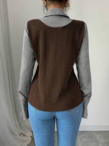 Elenzga Áo thun dài tay kẻ sọc phối màu đơn giản cho nữ, mùa thu - Màu nâu  Mocha - Xem 2