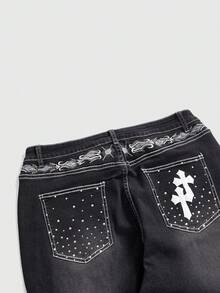 ROMWE Goth 大码女式哥特式深黑色水洗十字架水钻装饰休闲喇叭牛仔裤 - 黑色 - 查看 7