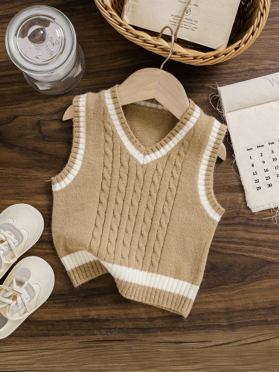 SHEIN 男婴休闲撞色滚边针织背心，秋冬季 - 卡其色 - 查看 1