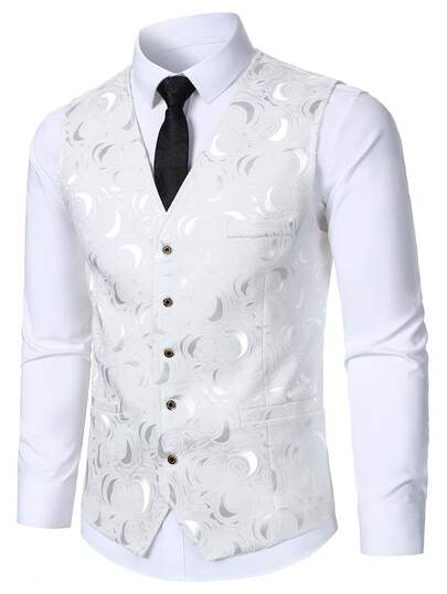 Calvornis Moon Print V-Neck Front Button Men's Business Suit Vest White Formal Wear Men Fancy Wedding Vest White Waistcoat For Party