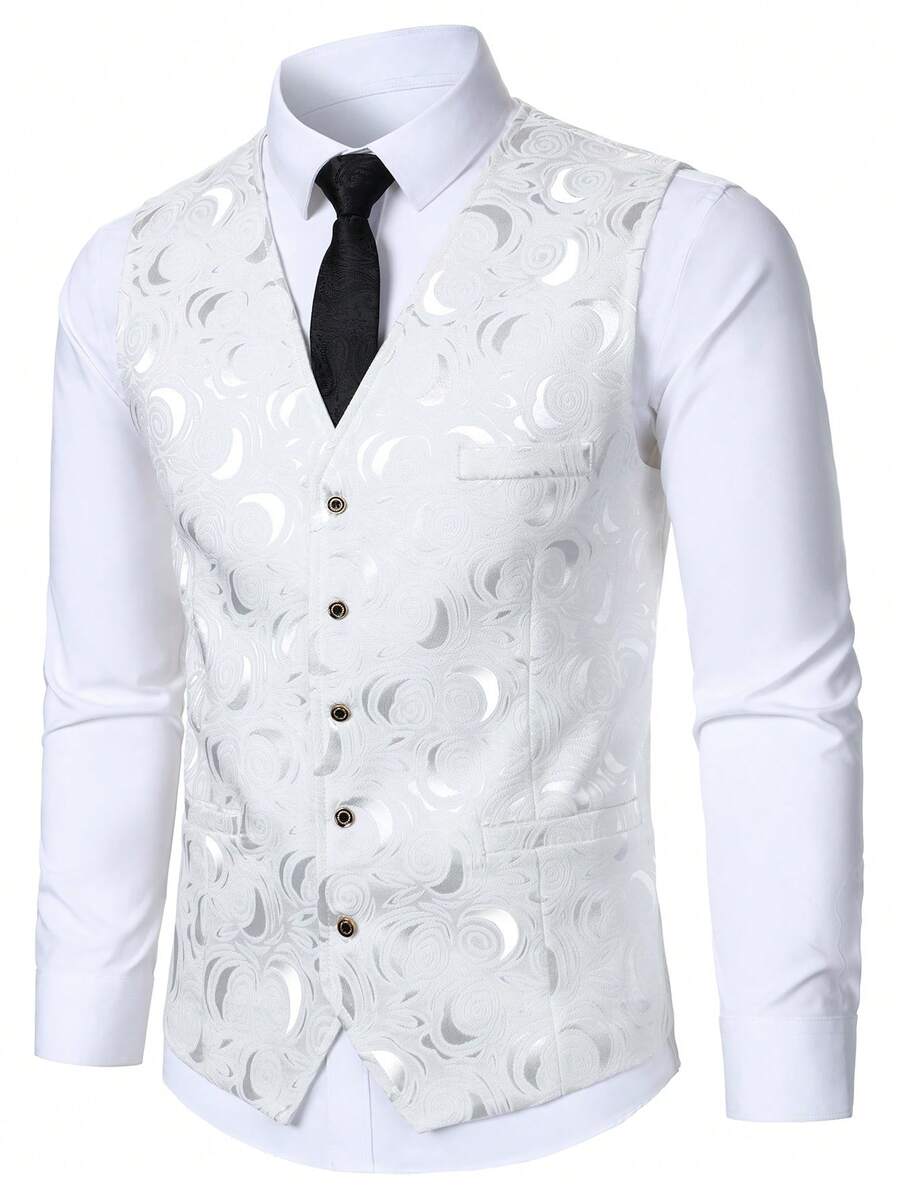 Calvornis Moon Print V-Neck Front Button Men's Business Suit Vest White Formal Wear Men Fancy Wedding Vest White Waistcoat For Party