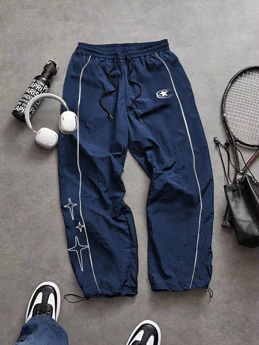 Sport MetroGents 男士撞色滚边印花抽绳腰运动裤 - 藍色 - 查看 1