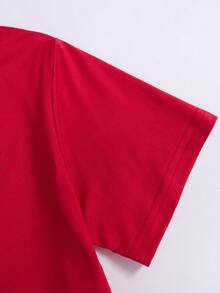 SHEIN ChillGRL 青少年女孩休闲时尚街头风格标语和蝴蝶结印花短袖 T 恤和松紧腰宽松阔腿裤套装，夏季 - 酒紅色 - 查看 6