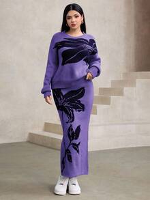 Modelyn Women's Floral Jacquard Drop Shoulder Long Sleeve Sweater And Knit Midi Skirt 2-Piece Set, Fashionable For Autumn/Winter - Purple - View 5