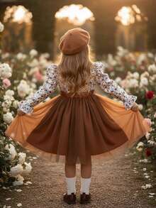 Young Girl Elegant Floral Print Contrast Mesh Bow Decor Long Sleeve Dress