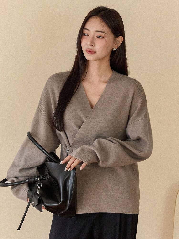 Women's Casual Solid Color Tie-Front Cardigan, Versatile For Autumn/Winter Business Casual Woman