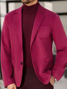 Manfinity Bizformal 男士纯色翻领单排扣商务休闲西装外套 - 酒紅色 - 查看 6