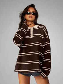 MISSGUIDED Striped Knitted Rugby Top Long Sleeve Pullover Sweater With Collar Detail Fall Winter Casual - Brown - View 1