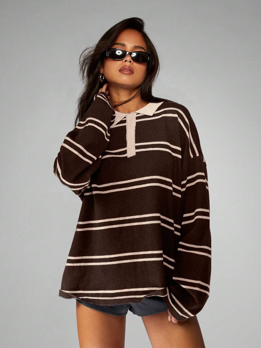 MISSGUIDED Striped Knitted Rugby Top Long Sleeve Pullover Sweater With Collar Detail Fall Winter Casual - Brown - View 1