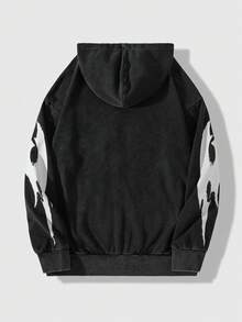 ROMWE MEN Street Life 男士休闲雪花煎炸拉链长袖运动衫，适合日常穿着、学校穿着、秋季穿着 - 黑色 - 查看 2