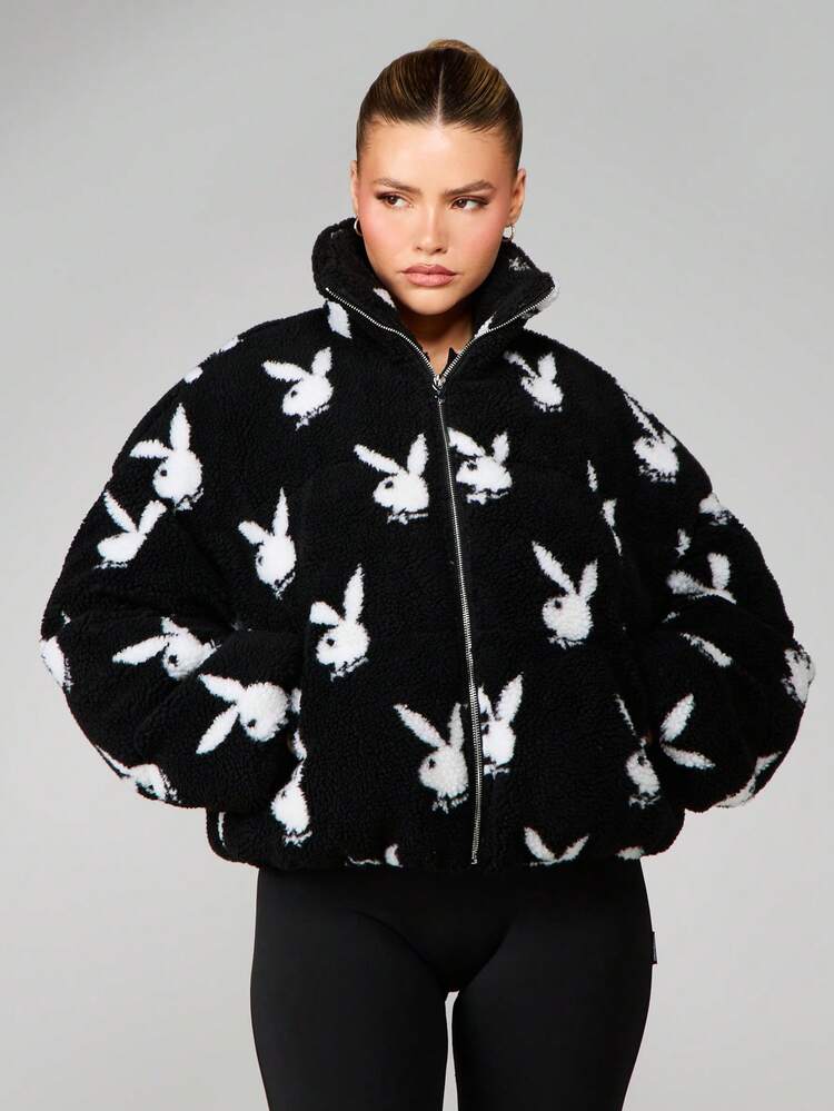 Missguided x Playboy Oversized Crop Puffer Jacket With Bunny Head Pattern For Winter Streetwear Fashion Outerwear