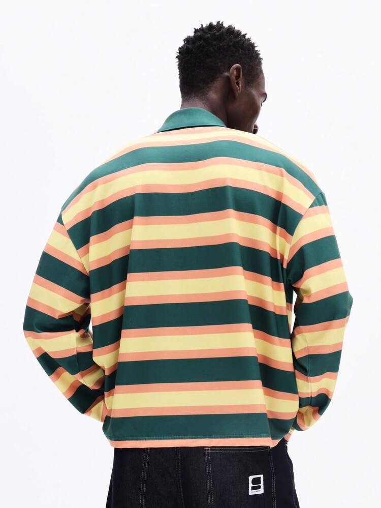 Horizontal Striped Long Sleeve Polo Shirt With Button Placket