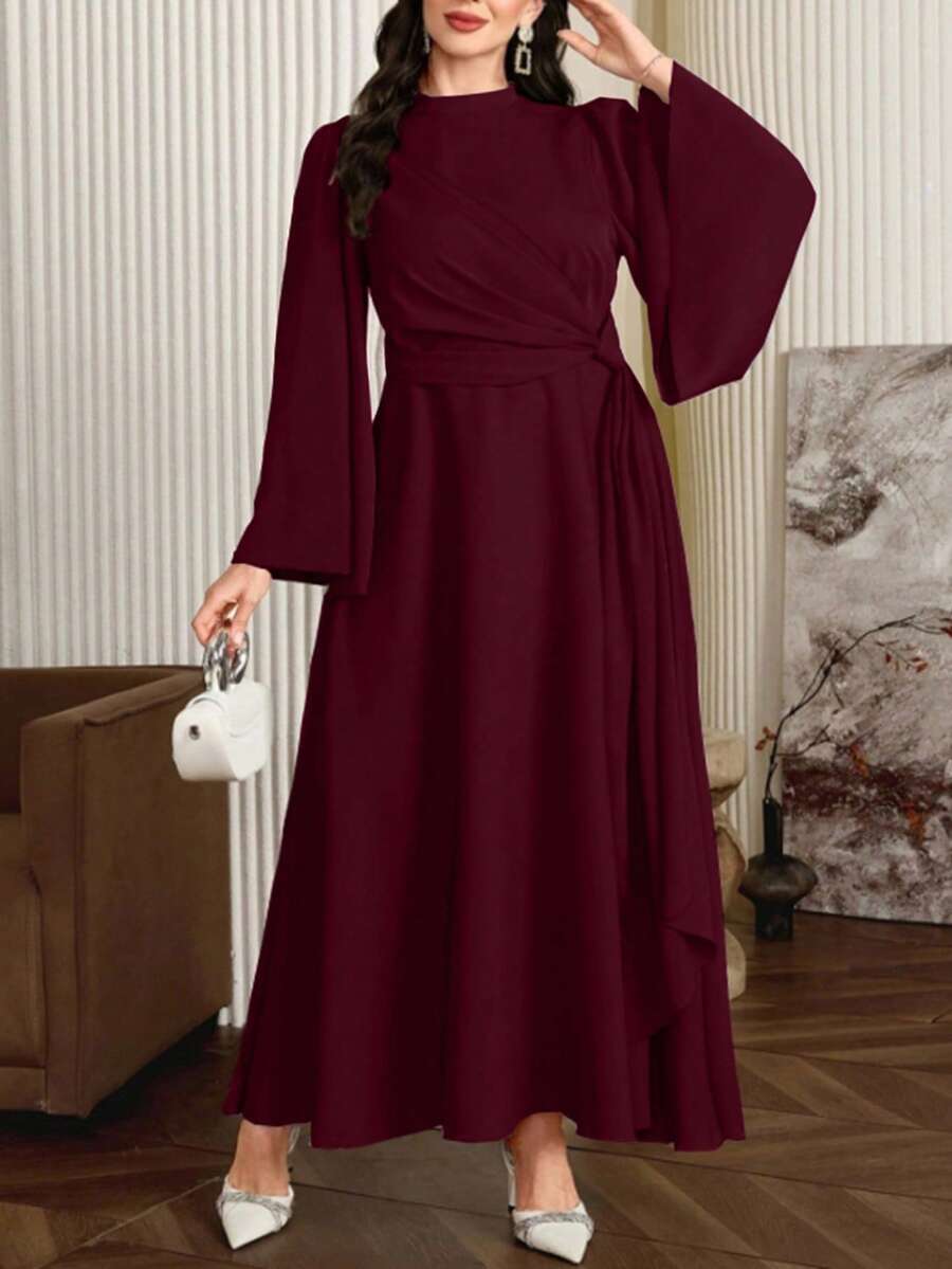 Modelyn رمضان فستان طويل أنيق للمرأة بحجم كبير مع طوق عالي وشال متدفق، أحمر غامق - عنابي اللون - مشاهدة 1