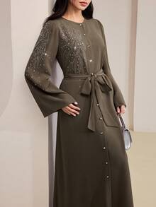 Al Najma Women's Elegant Rhinestone Decorated Waist Belt Abaya Dress - Purple - View 2