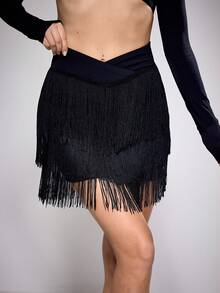 Menodora SHEIN Sport Váy khiêu vũ màu trơn không đối xứng eo khác có tua rua cho nữ - màu đen - Xem 3