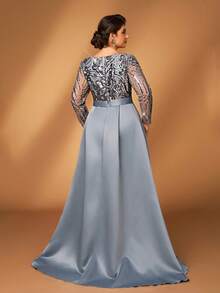 Serin Plus Size Elegant Romantic Luxury Gray Sweetheart Neck Long Sleeve Sheer Sequin Embroidered Sequins Sequins Mermaid Hem With Trailing Formal Gown (Heavily Embellished Design) - Grey - View 4