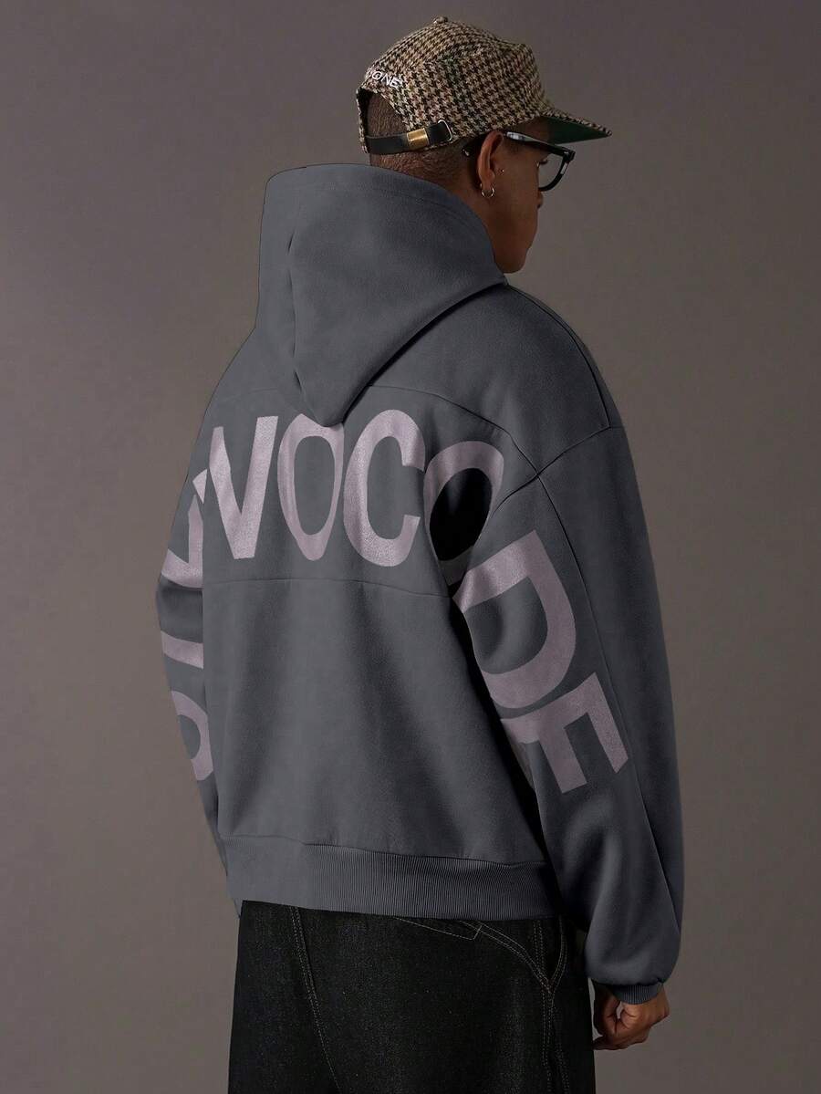 STYNVO Áo hoodie nam tay dài vai rớt, in chữ thời trang, màu xám phong cách Y2K, dáng rộng, kiểu đường phố, thể thao, lót giữ nhiệt. - Xám - Xem 1