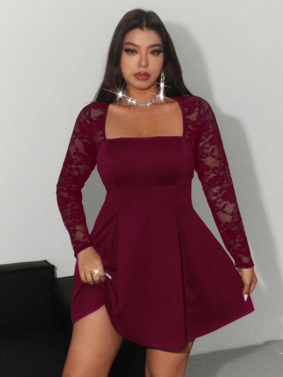 Viva Relle Plus Size Elegant Party Sweet Sexy Women Lace Stitching Bow Front Off Shoulder Long Sleeve A-Line Mini Ruffle Waist Dress, Party Dress, Birthday Party Dress, Elegant Evening Gown, Homecoming Dress, Valentine's Day Party Dress - Burgundy - View 1