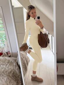 SHEIN EZwear 3件套针织杏色休闲运动服套装（女士款） - 杏色 - 查看 5