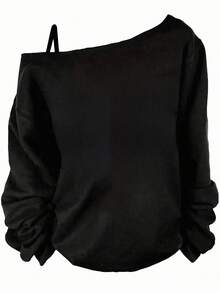 EMERY ROSE Lässiges, minimalistisches Oversize-Langarm-T-Shirt mit Schulterausschnitt, geeignet für Neujahrsfeiern