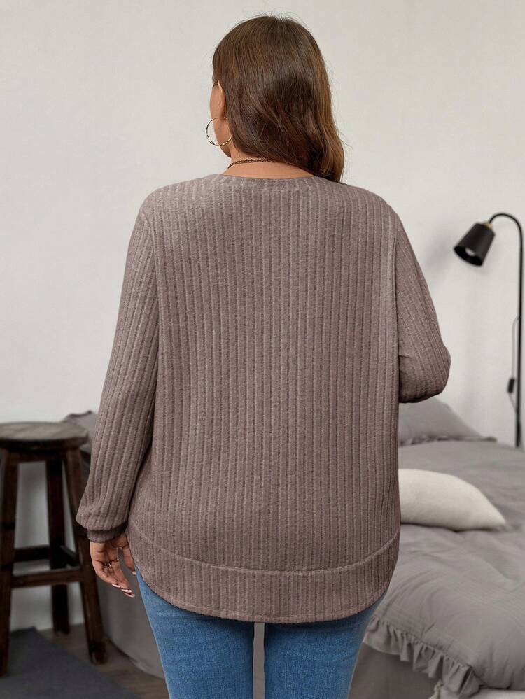 Plus Size Solid Color Casual Long Sleeve T-Shirt, Autumn/Winter Plus Size Long Sleeve Top Tops For Women Plus Plus Size Solid Color Ribbed Knit T Shirt Plus Size Casual Tops Plus Size Sweater Plus Size Knit T Shirt
