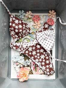 Swim Mod 双面印花两件式比基尼套装，花卉波点图案，系带泳裤，性感挂脖泳衣，适合海滩、泳池、生日派对等场合。 - 彩色 - 查看 4