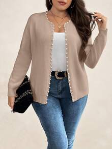 SHEIN Clasi Áo len cardigan tay dài họa tiết ngọc trai giả trơn màu cỡ lớn dành cho nữ, mùa thu/đông - Màu be - Xem 5