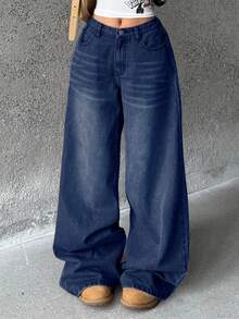 Coolane Teen Girls Winter Casual Loose Washed Wide Leg Blue Jeans,Casual,New Year,Party,Casual - Blue - View 2