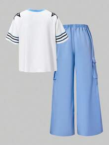 SHEIN ChillGRL 2pcs Tween Girls American Style Raglan Sleeve Graphic Tee & Applique Pocket Cargo Pants Set Girl Y2k Outfit