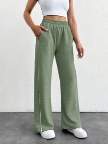 EURMUSE Cotton Jogging Bottoms With Plain Slanted Pockets, Wide Leg Cut - Mint Green - View 5