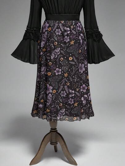 Fairycore Plus Size Women Retro Fairy Style Butterfly & Moth Print Versatile A-Line Skirt
