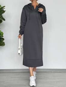 SHEIN LUNE 女士连帽抽绳卫衣连衣裙，纯色长袖口袋休闲宽松侧开衩连衣裙，适合秋冬季穿着 - 深灰色 - 查看 6