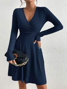 SHEIN Frenchy Solid Color Cross Wrap Raglan Sleeve Waist Fitted Ribbed Elegant Long Dress Casual Spring Blue - Navy Blue - View 3