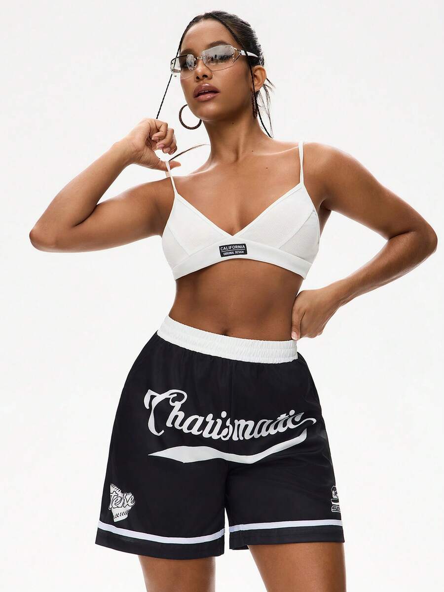 SHEIN EZwear Sports Bra Set With Racing Style Design For Women - Black and White - View 1