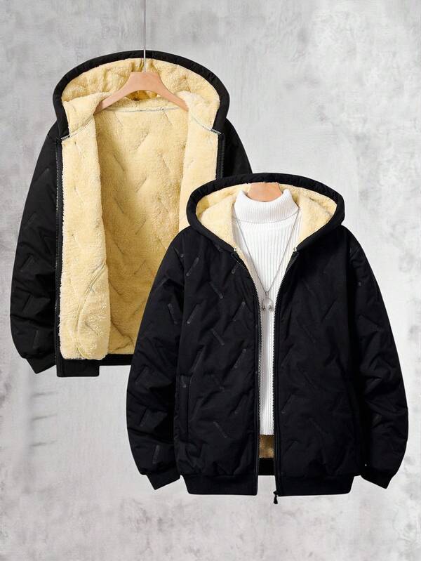 Abrigo con capucha con cremallera y forro de sherpa acolchado para adolescentes, diseño minimalista de moda adecuado para uso diario, al aire libre y para ir al trabajo