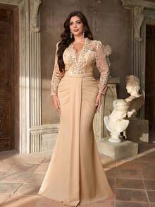 Aureia Plus Size Elegant Romantic Apricot Deep V-Neck Floral Decor Waist Ruched Mermaid Hem Formal Evening Gown