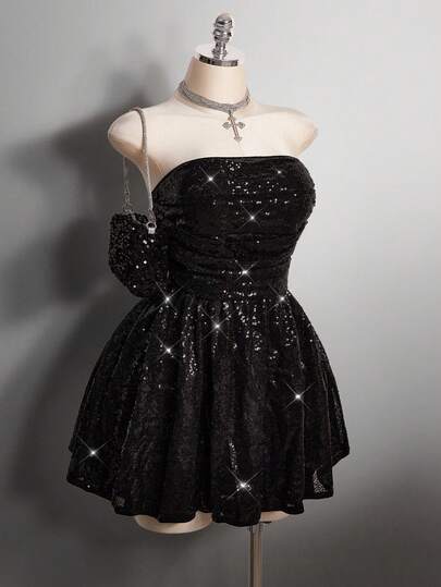 SHEIN ICON 大码女式亮片装饰无肩带派对连衣裙