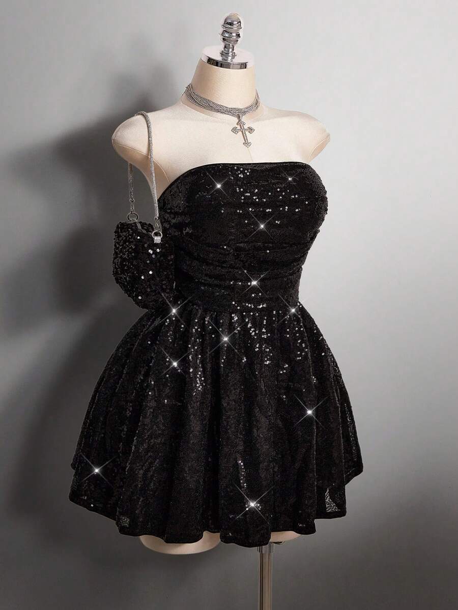 SHEIN ICON 大码女式亮片装饰无肩带派对连衣裙 - 黑色 - 查看 1