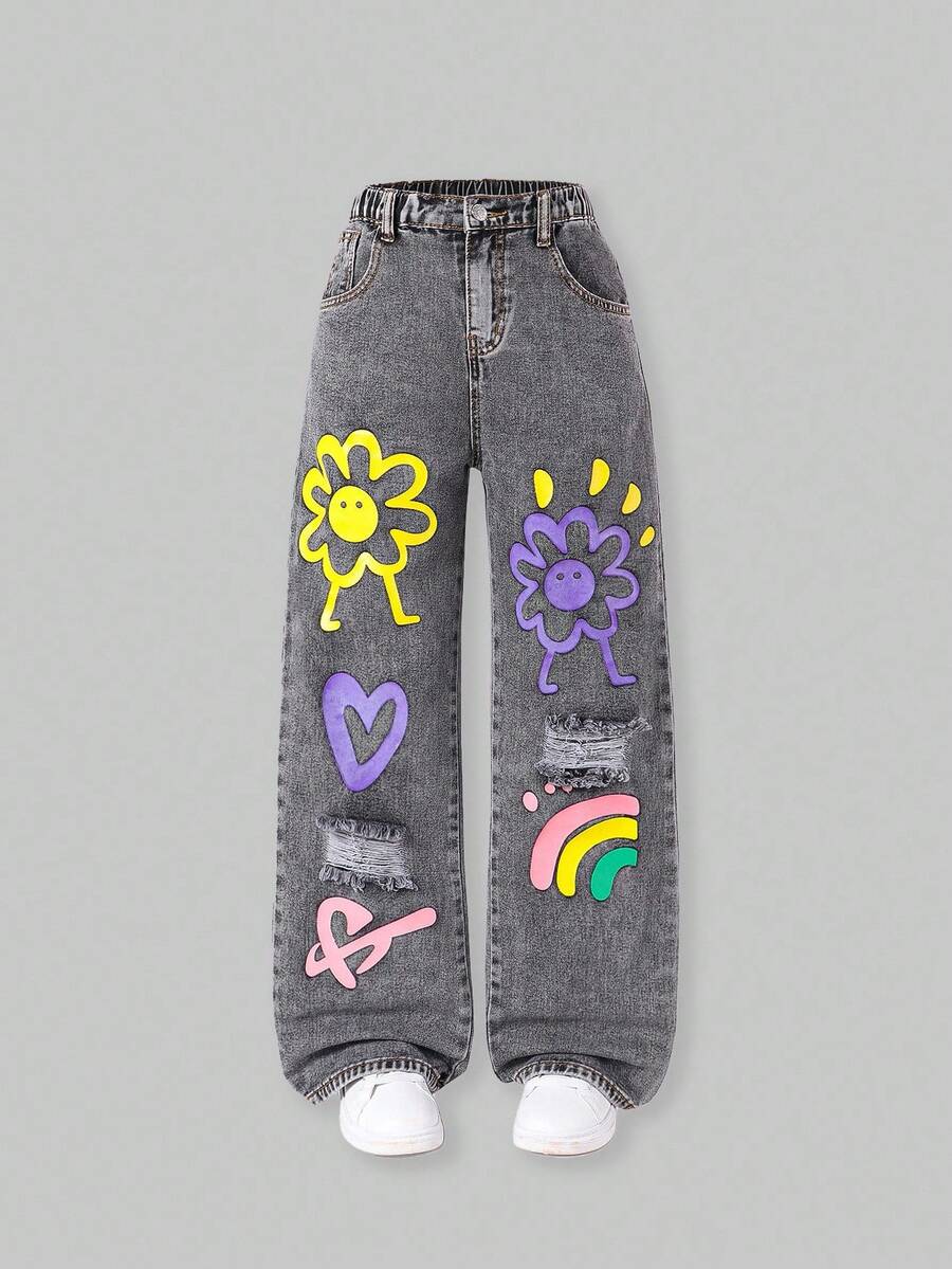 SHEIN ChillGRL Doodle Distressed Wide Leg Jeans, Loose Straight Leg Pants For Teenage Tween Girl - Light Grey - View 1