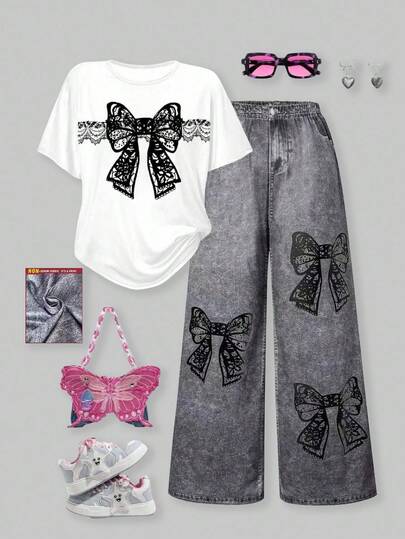 SHEIN ChillGRL 2 st/set tonårsflickor moderiktigt gatutbud med rosett och tryck, löst sittande kortärmad topp och vida byxor, lämpligt för vardagliga utflykter, vår/sommar